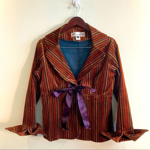 BEEBOP & WALLY Sz L  Velvet Striped Satin Bow Front Unlined Jacket - Picture 1 of 9